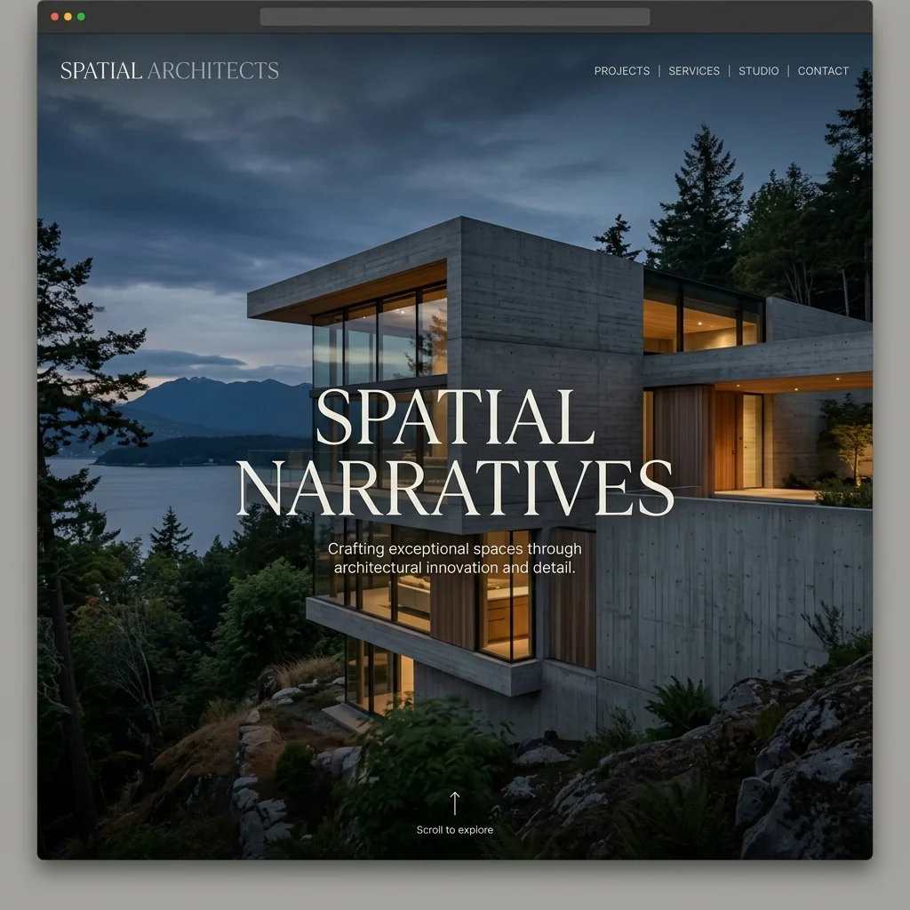 Cinematic Narrative layout mockup for architect studios — full-screen immersive hero