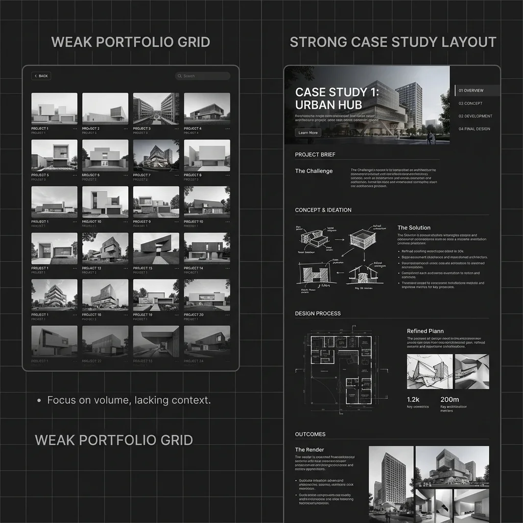 Portfolio grid gallery versus full case study layout comparison for interior designer websites