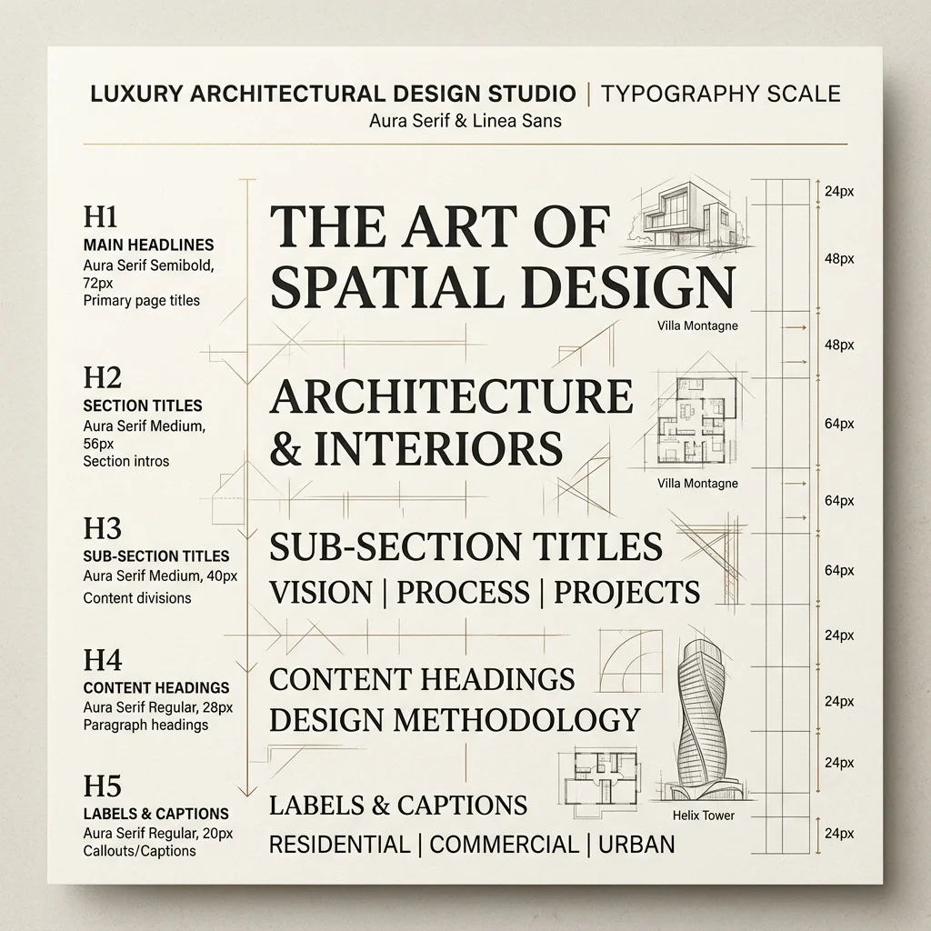 Typography scale and white space layout principles for luxury interior designer websites