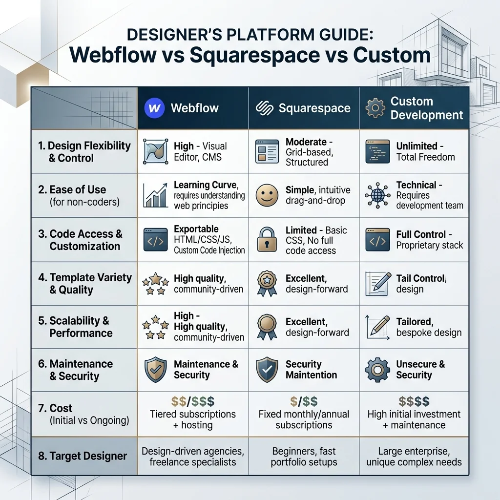Platform comparison chart showing Webflow versus Squarespace versus custom development for interior designer websites