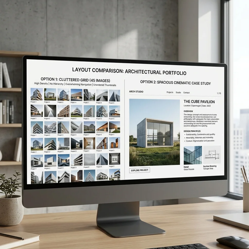 Grid gallery versus narrative case study layout comparison for design portfolios
